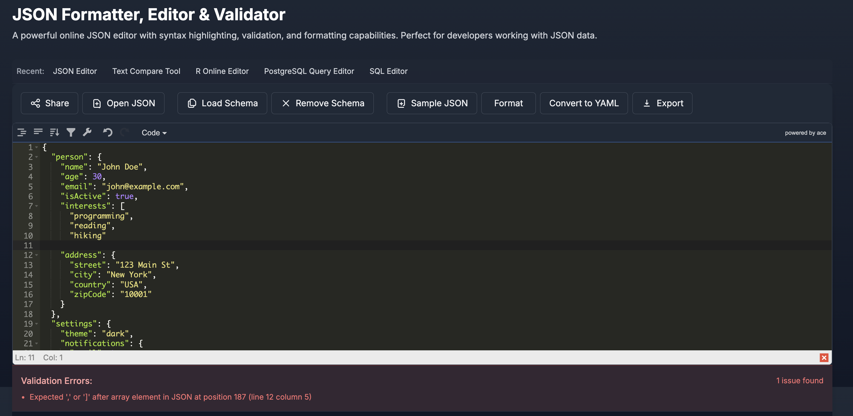JSON Validation Error Example