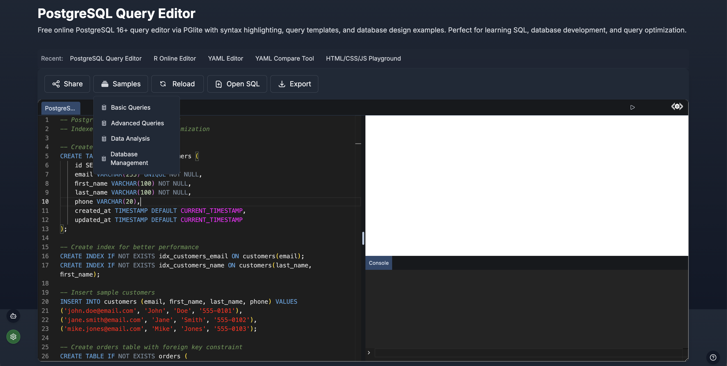 PostgreSQL Query Editor Dashboard
