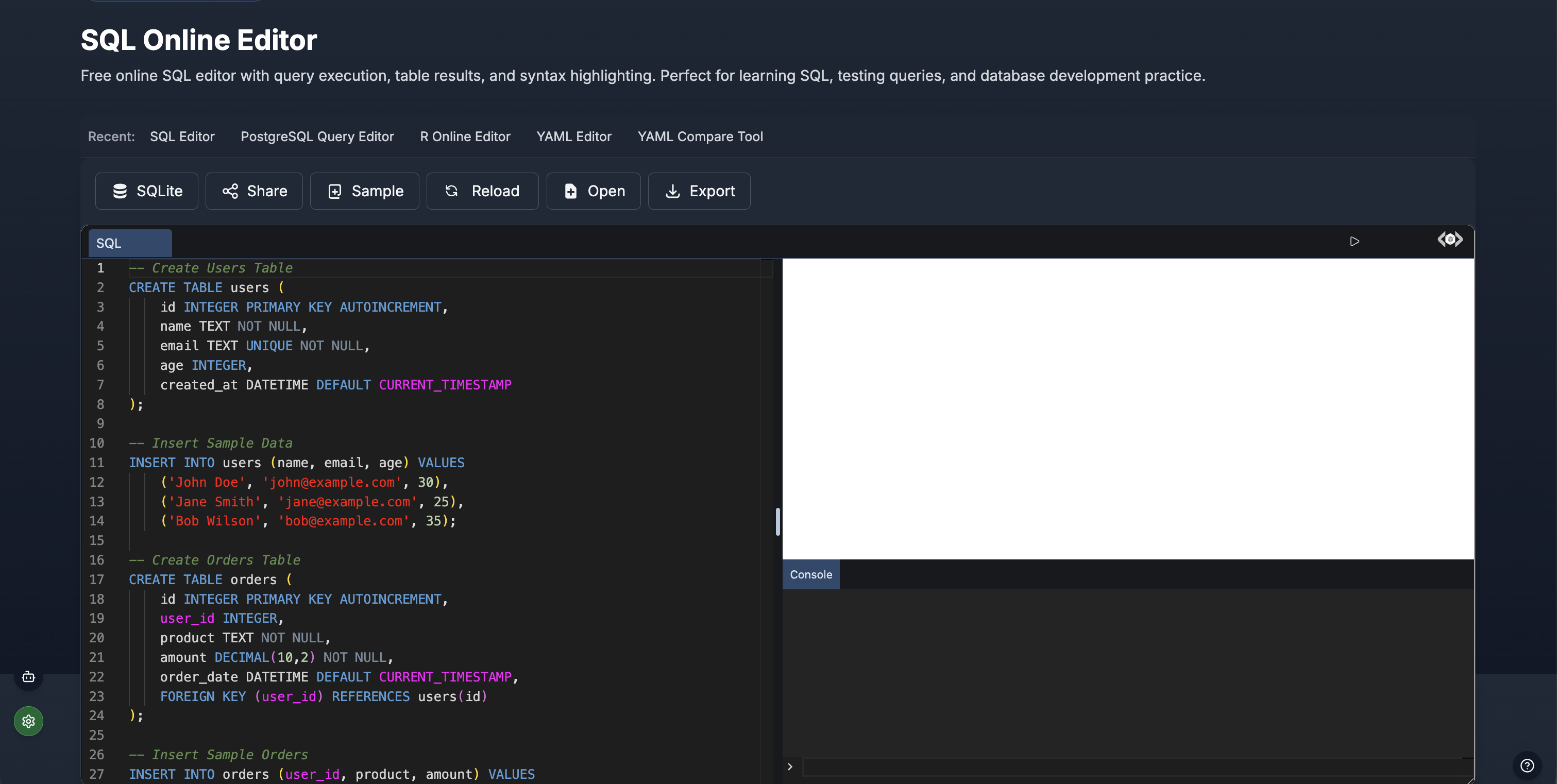 SQL Editor Dashboard