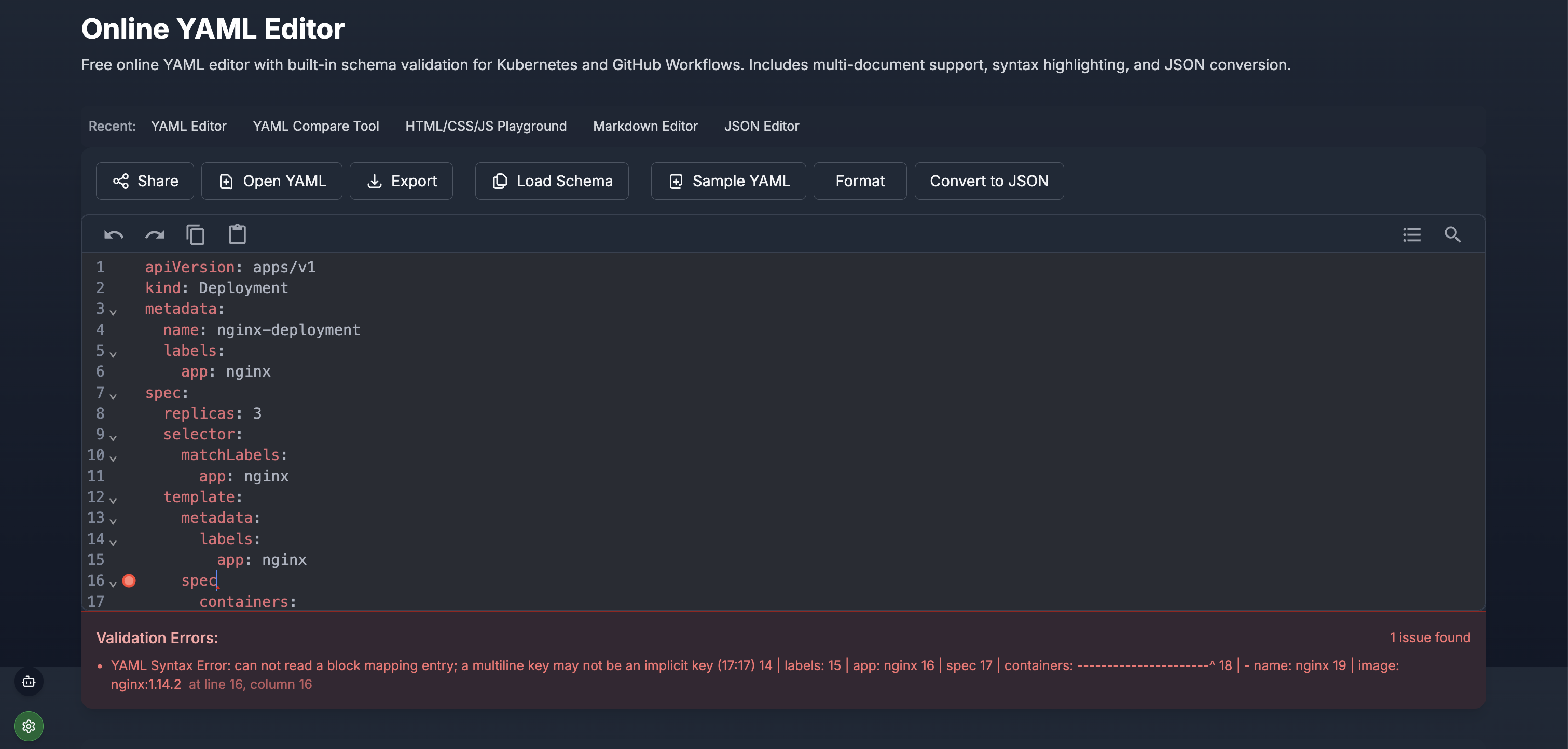 YAML Validation Error Example